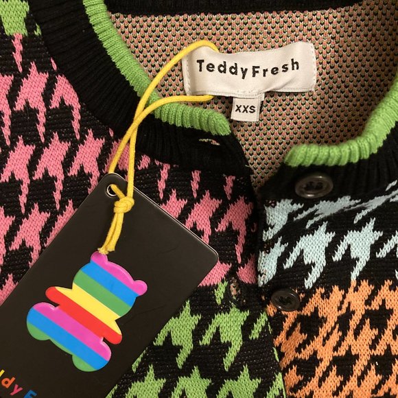 NWT Teddy Fresh Neon Houndstooth Cardigan, Size XXS/XS - Picture 3 of 6